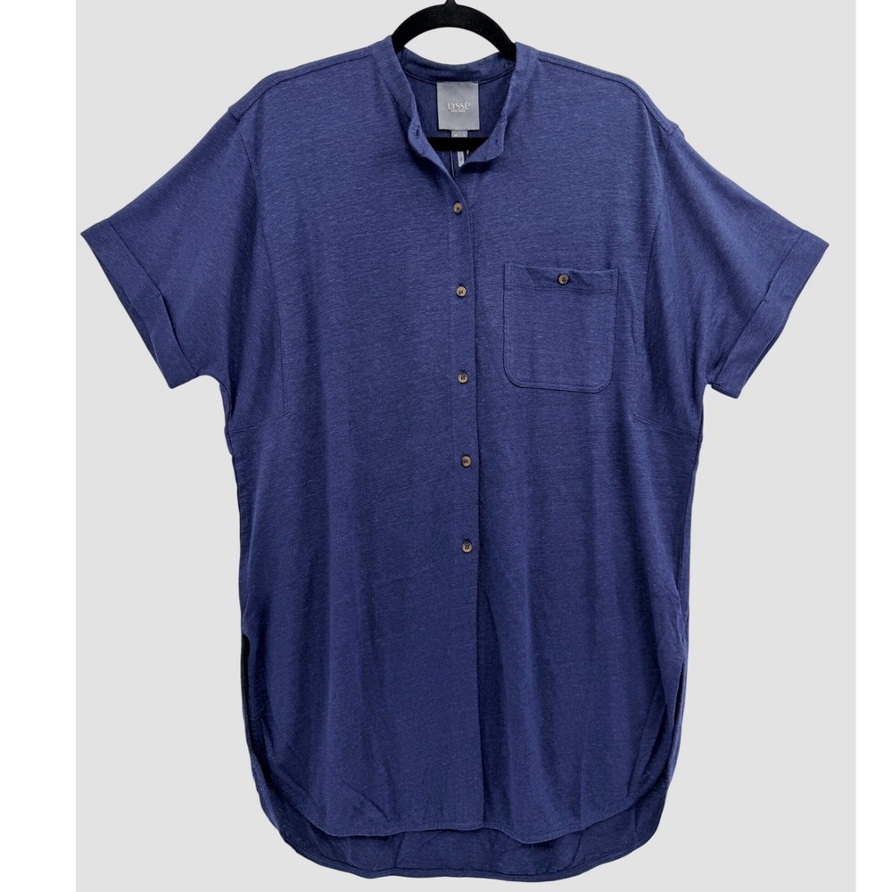 NWT Lysse New York Short Sleeve Linen Blend Button Up Shirt Small True Navy